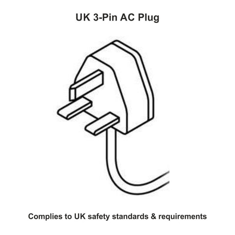 Uk 3-pin ac plug attached to single chestnut bedside table with a rectangular body and three flat pins in triangular pattern