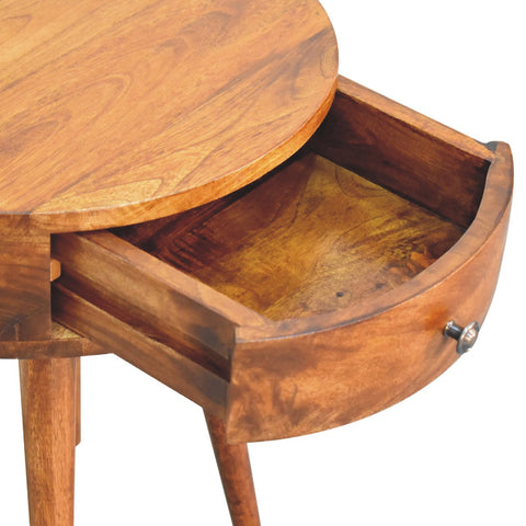 Warm-toned wooden single chestnut bedside table with a curved drawer and metallic knob for bedroom use