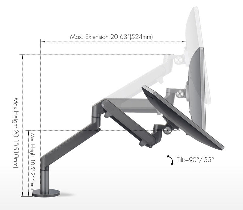 Adjustable black single gas spring monitor arm with articulated joints for customizable height and extension, perfect for dual monitor setups
