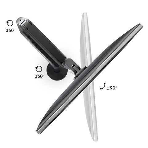 Black and silver single gas spring monitor arm with 360 degree rotation ideal for dual monitor setups