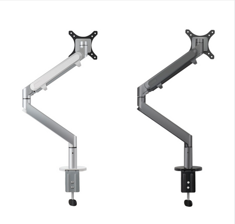 Silver and black single gas spring monitor arm with articulated joints for flexible screen positioning and dual monitor use