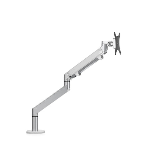 Silver metallic single gas spring monitor arm with adjustable joints and black vesa mount for dual monitor setups