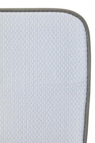 Light gray synthetic fibre sinkside dish drying white mat with textured surface and dark gray stitched border