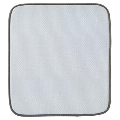 Light gray textured dish drying cloth with dark gray border on a white mat made of synthetic fibre for sinkside use