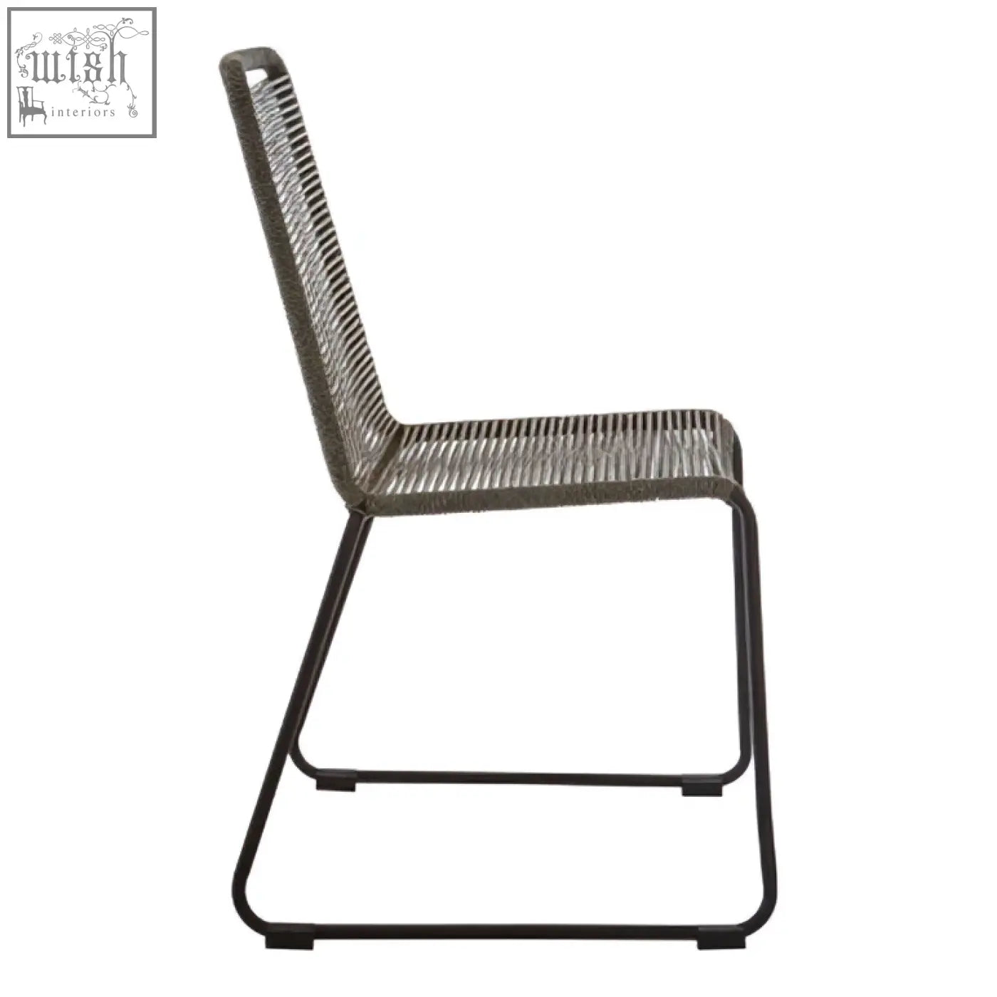 Black metal sisal grey rope chair with woven grey rope seat and back and a sturdy black iron frame