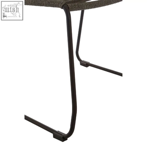 Black iron frame sisal grey rope chair with woven dark brown wicker seat for stylish indoor or outdoor use
