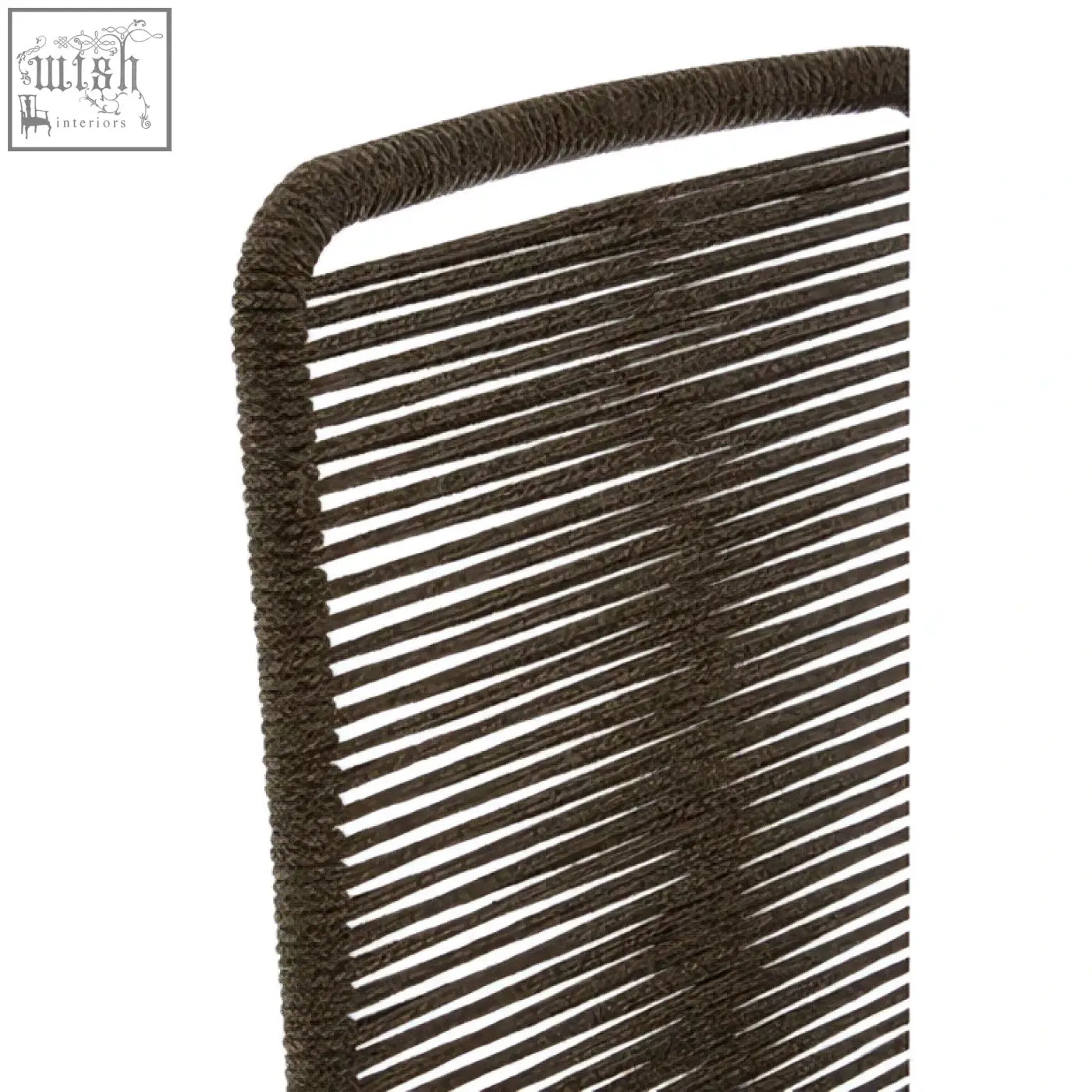 Back side of sisal grey rope chair showing dark brown woven rope backrest with black iron frame and braided texture