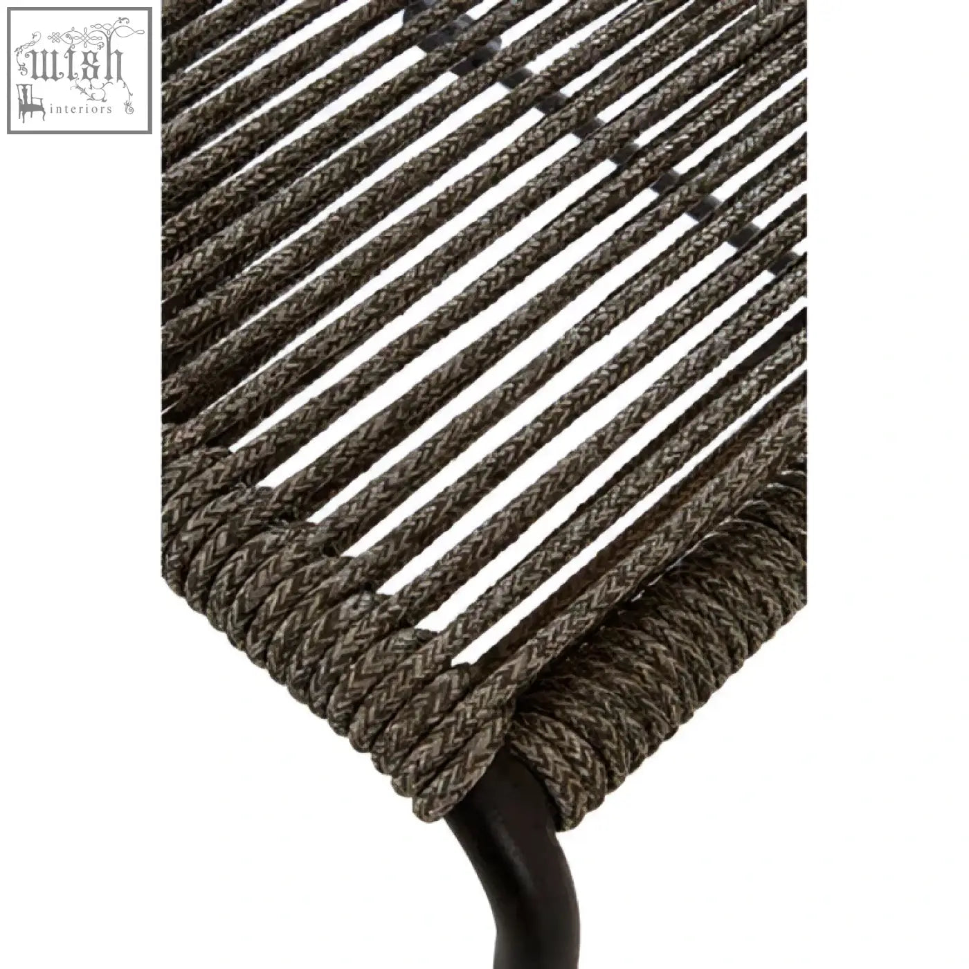 Dark gray sisal grey rope chair with a black iron frame featuring woven rope design and sturdy black iron legs