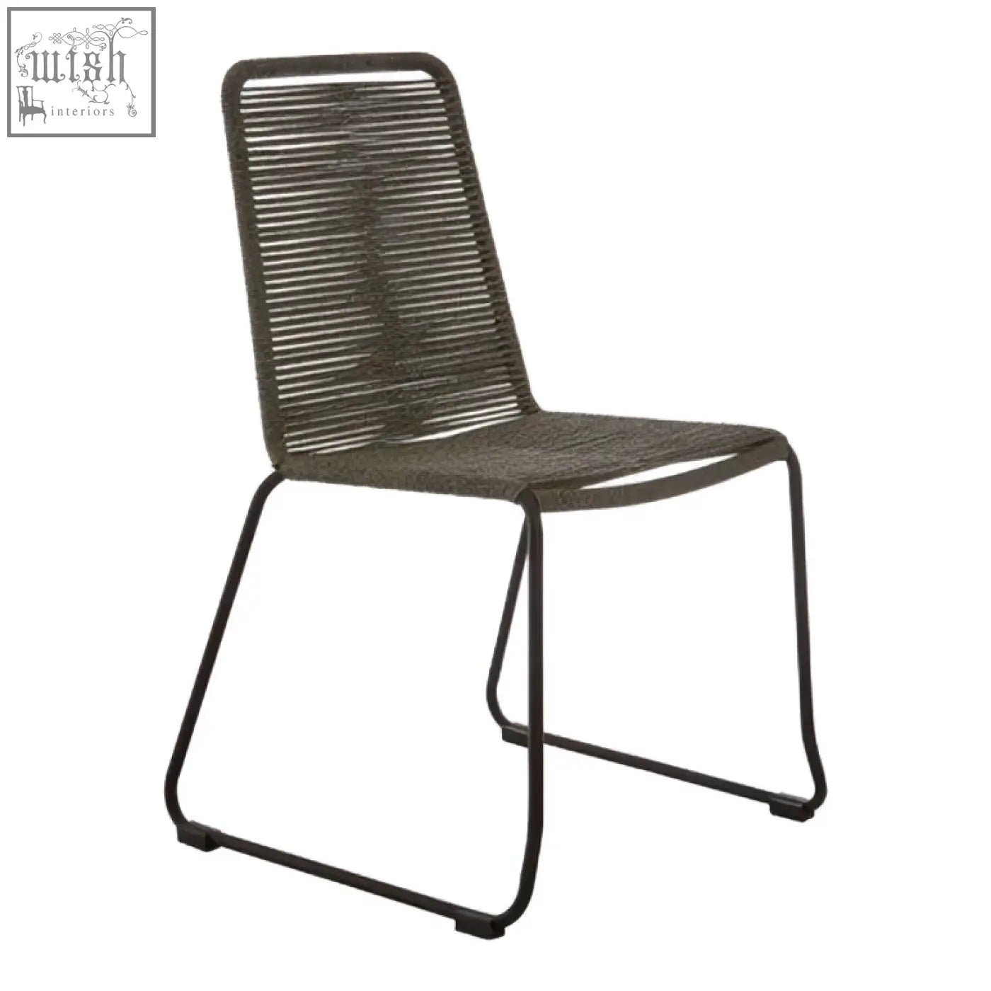 Dark gray woven grey rope chair with sleek black iron frame perfect for modern indoor seating