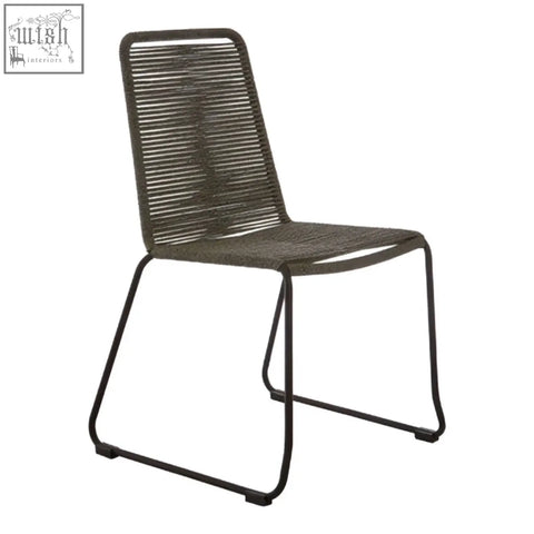 Dark gray woven grey rope chair with sleek black iron frame perfect for modern indoor seating