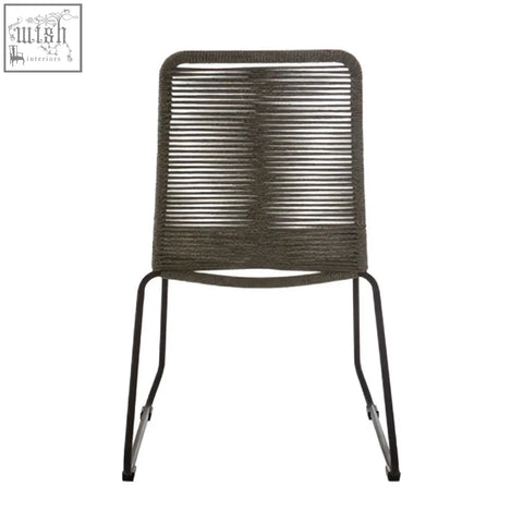 Modern sisal grey rope chair with woven design and sleek black iron frame legs for stylish seating