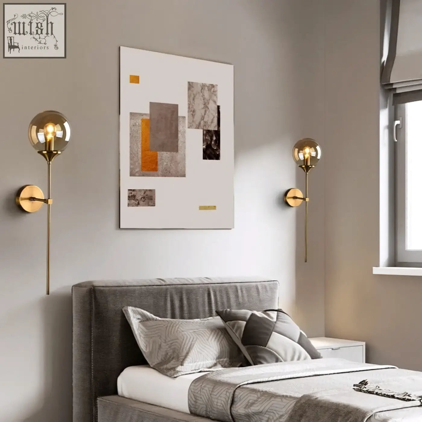 Gold-toned sizzle glass wall light with spherical glass shades, slender stems, and circular bases for warm ambient lighting