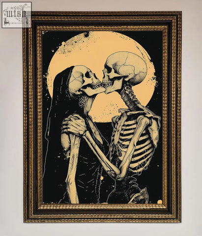 A skeleton embrace framed poster showing two skeletons hugging against a black background with a yellow moon