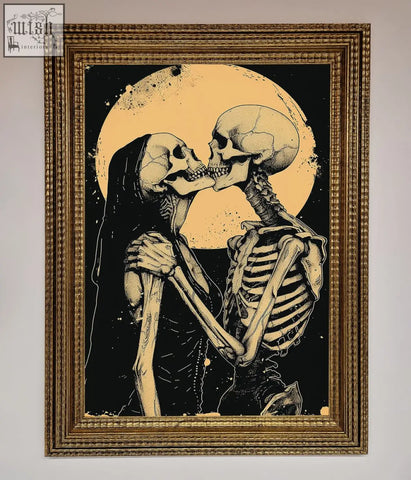 A skeleton embrace framed poster featuring two skeletons in a romantic embrace with an orange moon in a gold frame