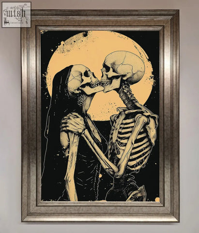 A skeleton embrace framed poster with two skeletons in sepia tones against black and orange in a silver frame