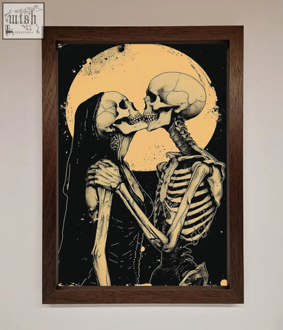 A skeleton embrace framed poster showing two skeletons kissing under a full moon in black and sepia tones
