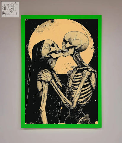 A skeleton embrace framed poster showing two skeletons kissing under a full moon in black cream with a green border