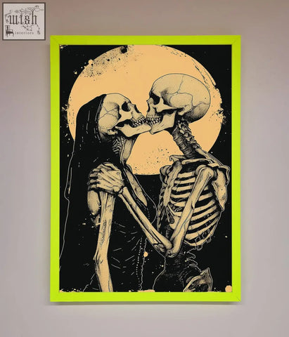 A skeleton embrace framed poster showing two skeletons hugging under a full moon with neon green border