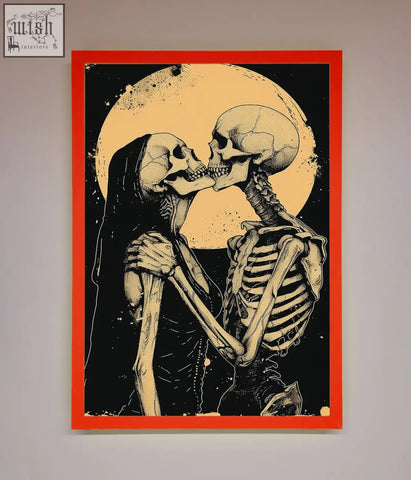 A skeleton embrace framed poster showing two skeletons kissing under a full moon in black cream with orange red border
