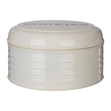 Cream-colored ceramic round biscuit tin with ribbed texture and cookies embossed on lid for storing biscuits
