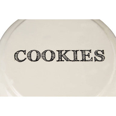 Cream-colored ceramic round biscuit tin with cookies printed in dark textured font perfect for biscuits storage