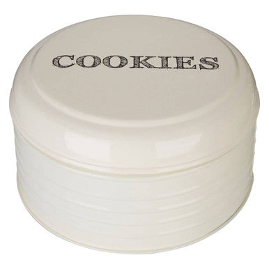 Cream-colored ceramic round biscuit tin with cookies printed on lid in dark textured font for storage