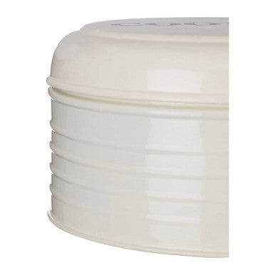 Cream-colored ribbed metal round biscuit tin with smooth lid perfect for storing biscuits or snacks