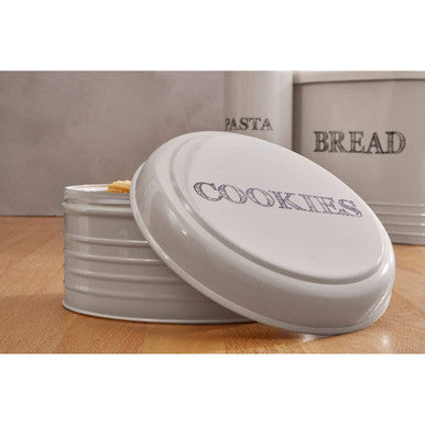 White ceramic round biscuit tin with ribbed lid and embossed cookies text in sketch cream finish
