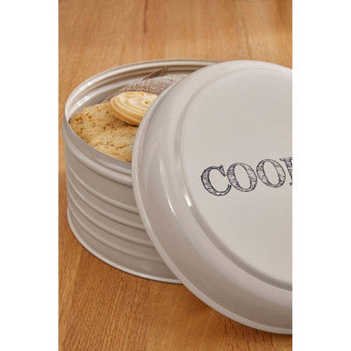 White ceramic round biscuit tin with cook embossed on lid in sketch cream finish round biscuit tin style