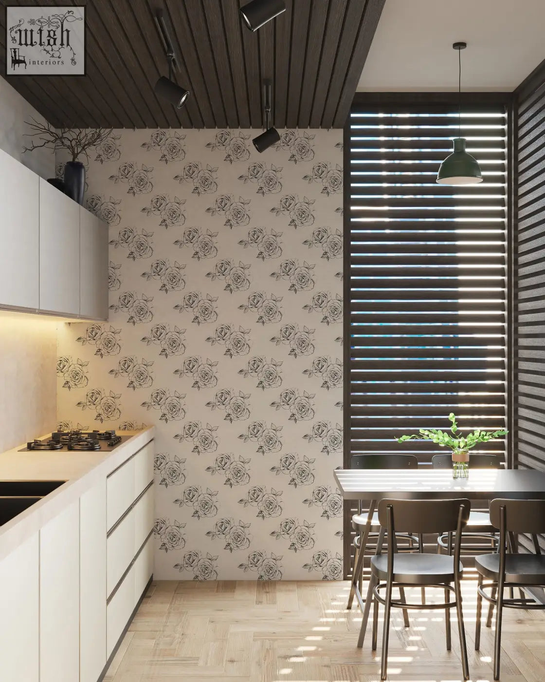 The sketch rose peel and stick wallpaper features black floral design on beige background perfect for living space decor