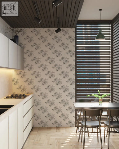 The sketch rose peel and stick wallpaper features black floral design on beige background perfect for living space decor