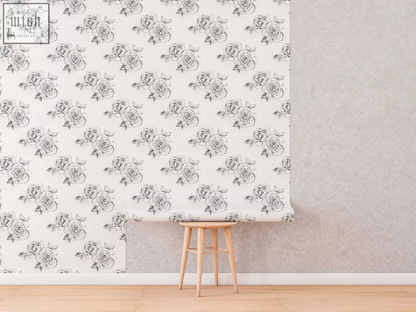 Roll of white traditional paper wallpaper with black line-art roses pattern perfect for living space ordering process
