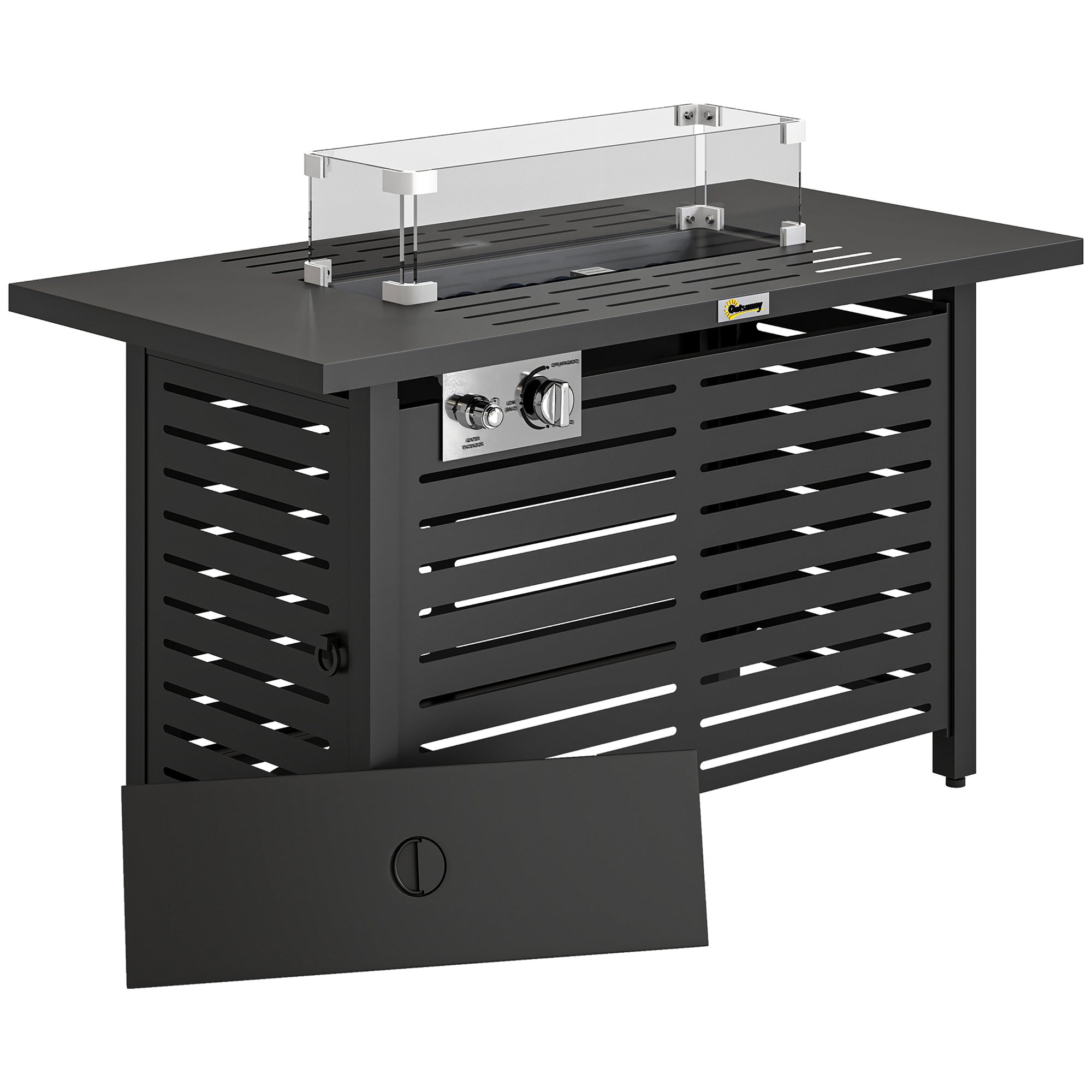 Outsunny Propane Gas Fire Pit Table, Outdoor Firepit with 43" Steel Tabletop and Lid, 50,000 BTU Pulse Ignition Fire Table w/ Stainless Steel Burner, Glass Wind Guard, and Cover