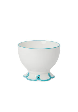 White ceramic sky blue scalloped nibbles bowl with turquoise trim and scalloped foot design set of 4