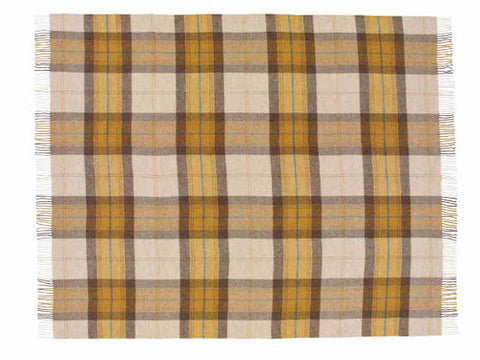 Skye shetland pure new wool throw in cozy woven plaid mustard yellow beige with subtle brown stripes