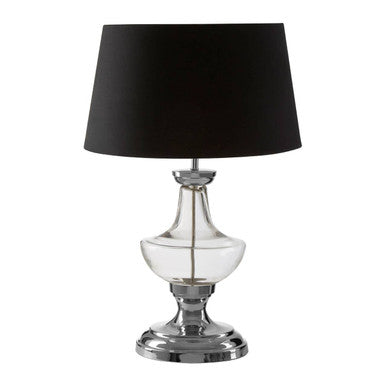 Elegant skye table lamp with clear glass base chrome stand and matte black drum shade for stylish lighting