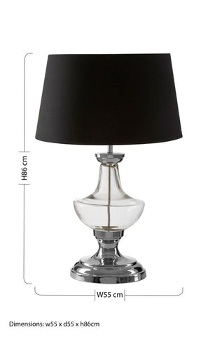 Skye table lamp with sleek chrome base clear glass body and matte black fabric shade perfect for elegant lighting
