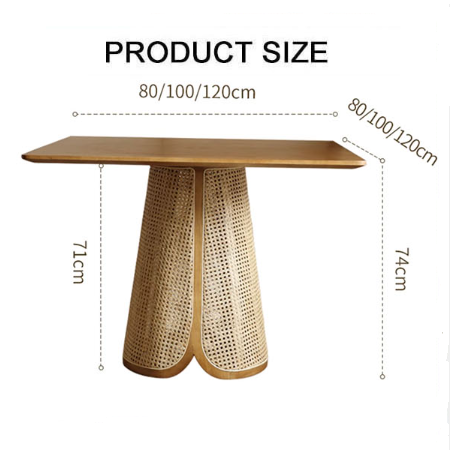 Modern skylar rattan dining table with a sleek gold top and natural beige woven rattan base in solid wood design