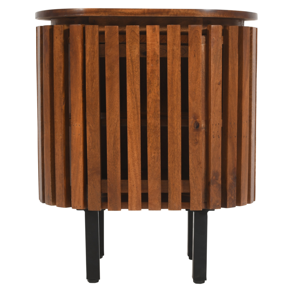 Cylindrical wooden bedside table with vertical slats and black metal legs in slatted mango wood finish
