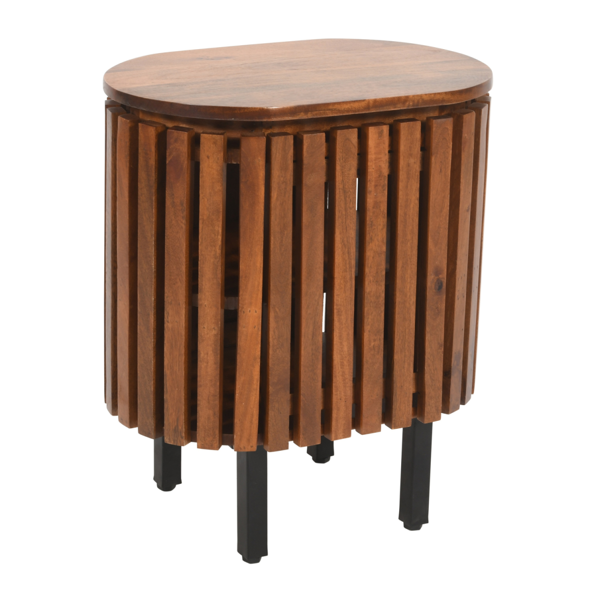 A rustic oval slatted mango wood bedside table with warm brown top and black metal legs