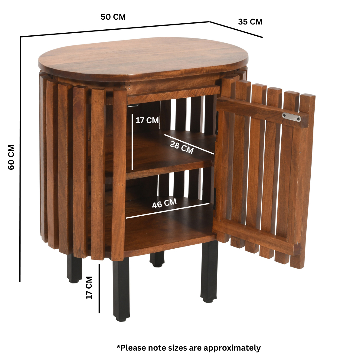 A rustic oval slatted mango wood bedside table with vertical doors and black metal legs perfect for small spaces