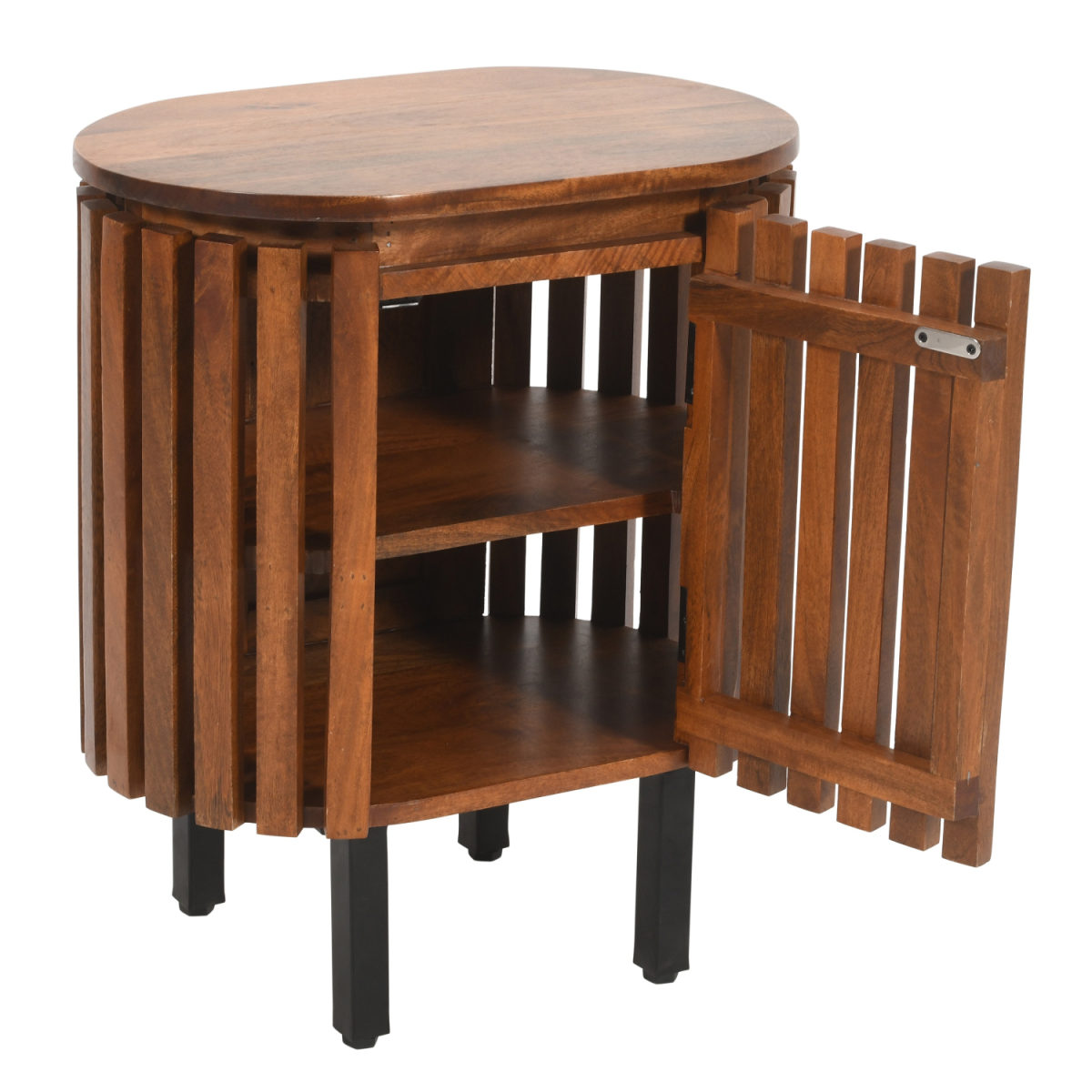 A rustic oval slatted mango wood bedside table with black metal legs and open door showing two shelves inside
