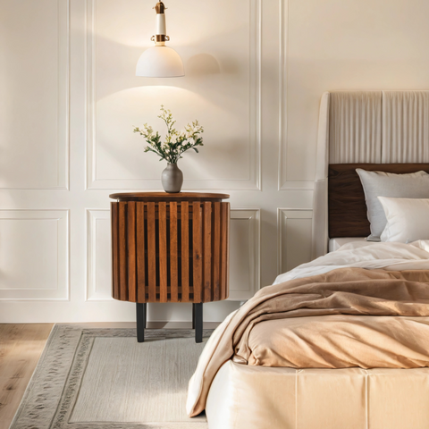 A sleek cylindrical slatted mango wood bedside table with dark metal legs perfect for modern bedrooms