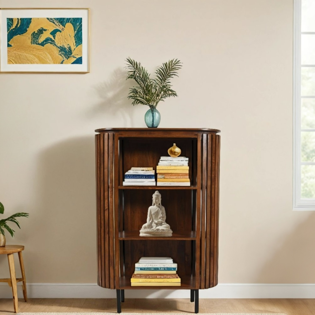 Dark wood slatted mango wood bookcase with vertical fluted sides and black metal legs for stylish storage