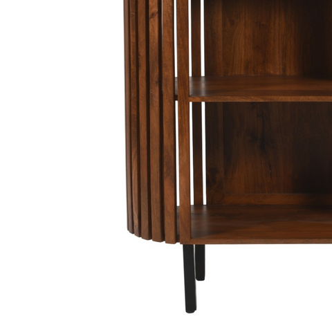 Medium high slatted mango wood bookcase with dark brown vertical slats and black metal legs for stylish storage