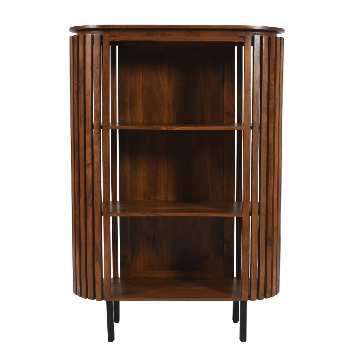Dark brown slatted mango wood bookcase with vertical slats and black metal legs for stylish storage