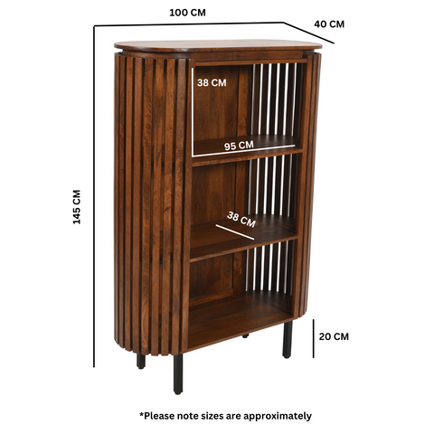 A sleek medium high slatted mango wood bookcase in dark brown with vertical slats and black metal legs