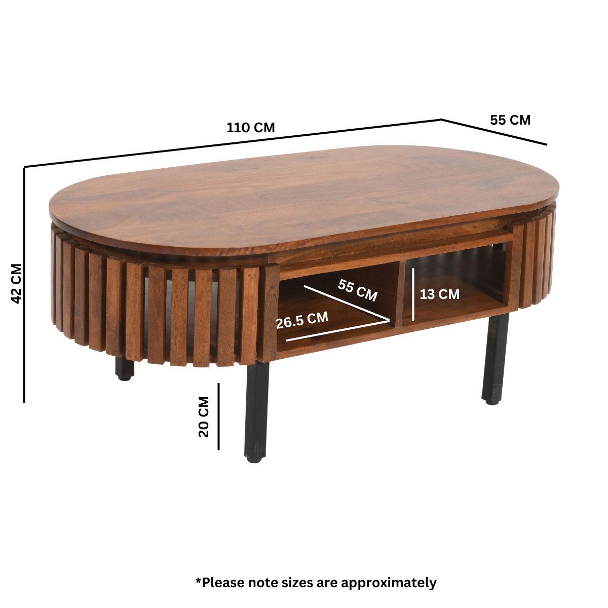 Brown wooden oval coffee table with vertical slats and black metal legs made of slatted mango wood