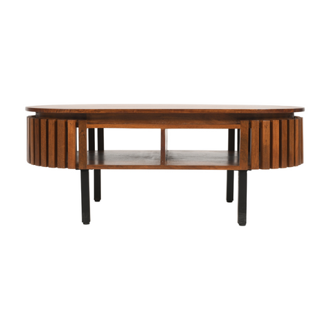 A sleek oval coffee table with a rich brown slatted mango wood top and black legs for stylish living spaces