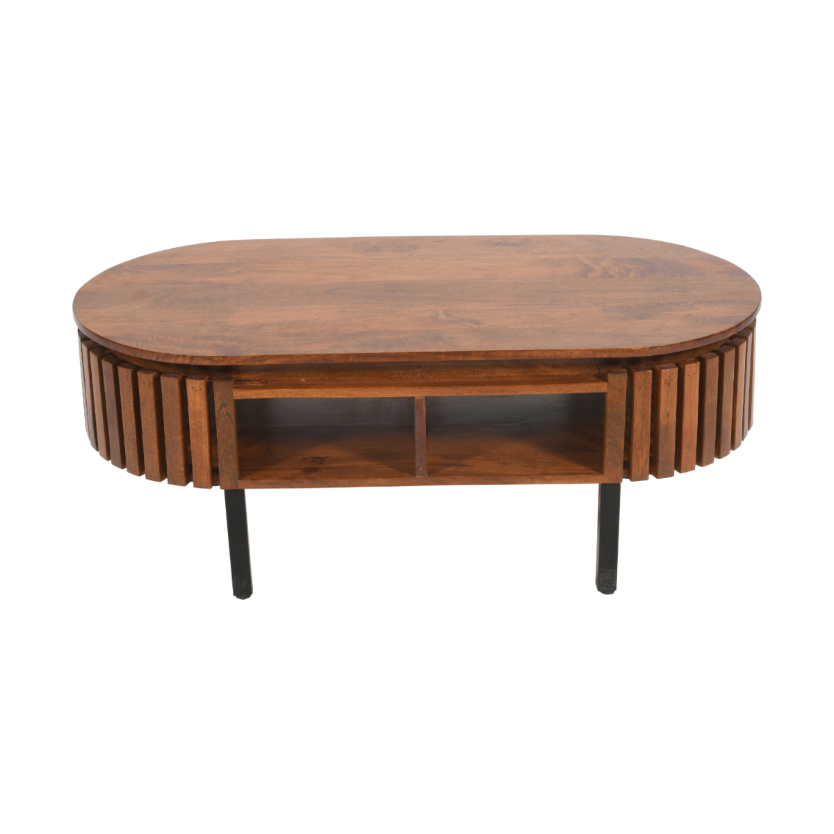 A sleek oval coffee table with slatted mango wood top and vertical slat sides on slender black legs